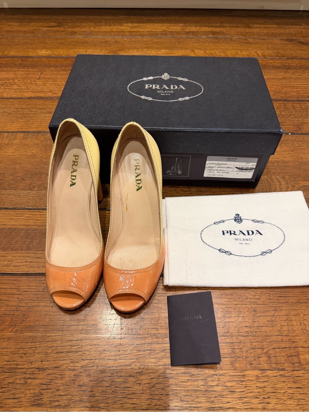 Prada Two-Tone Patent Leather Peep-Toe Pumps in Yellow and Orange
